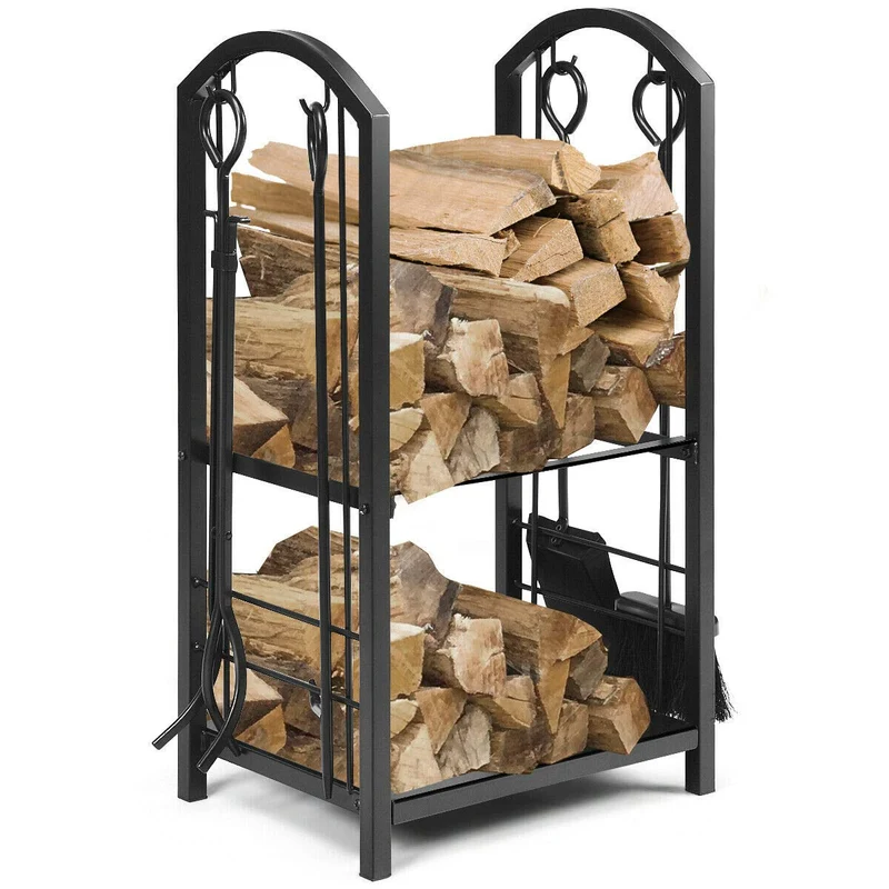 Black Fireplace Log Rack with 4-Pieces Fireplace Tool Set