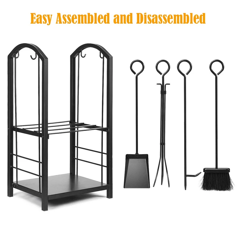 Black Fireplace Log Rack with 4-Pieces Fireplace Tool Set