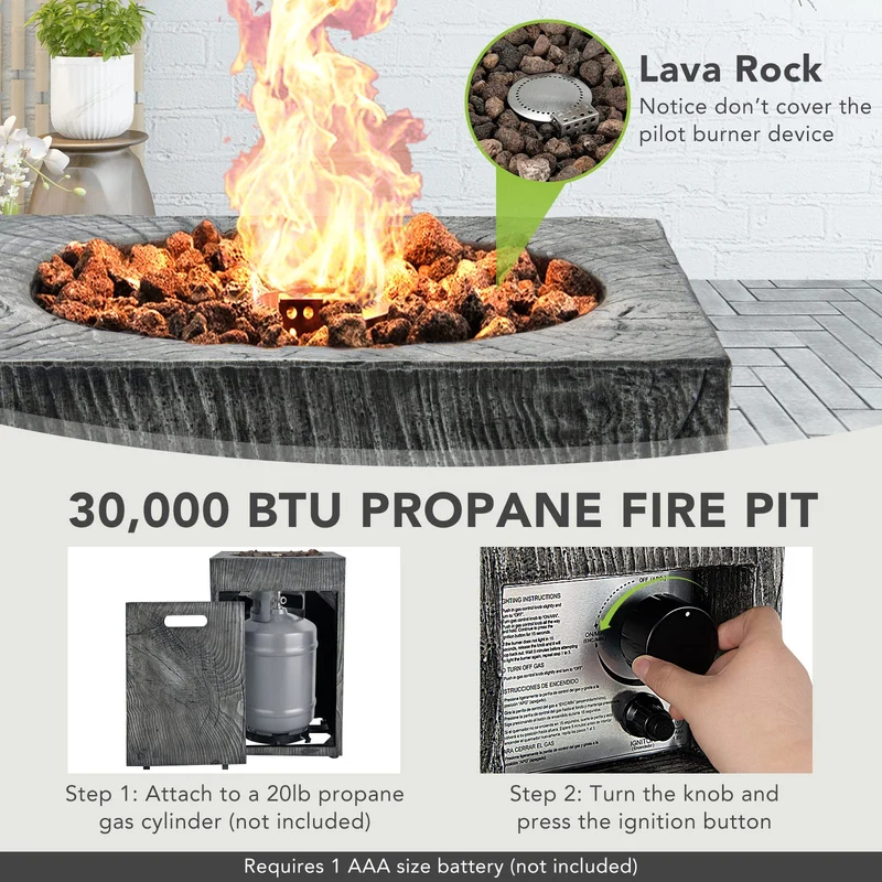 25 in. Square 30,000 BTU Gray Outdoor Propane Fire Pit with Lava Rocks and Waterproof Cover