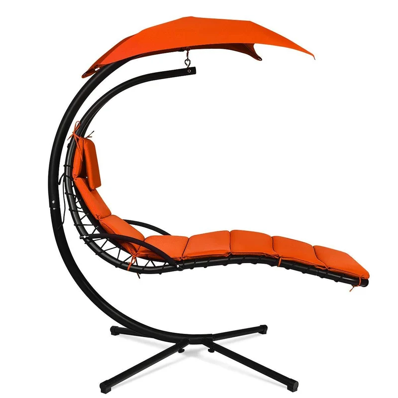Metal Outdoor Floating Hanging Chaise Lounge Chair with Stand and Orange Cushion