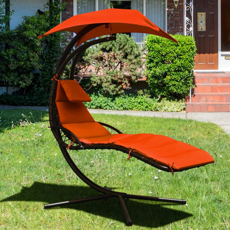 Metal Outdoor Floating Hanging Chaise Lounge Chair with Stand and Orange Cushion