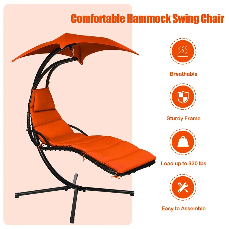 Metal Outdoor Floating Hanging Chaise Lounge Chair with Stand and Orange Cushion