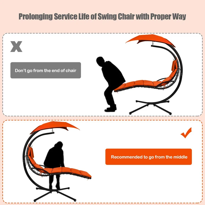 Metal Outdoor Floating Hanging Chaise Lounge Chair with Stand and Orange Cushion