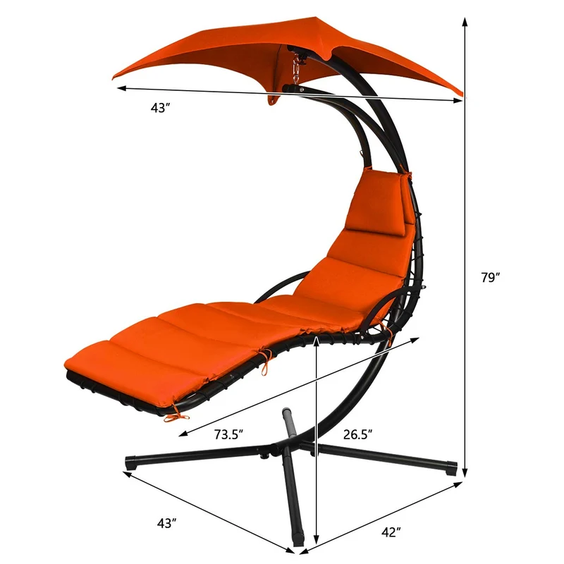 Metal Outdoor Floating Hanging Chaise Lounge Chair with Stand and Orange Cushion