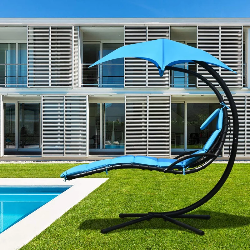 Metal Outdoor Floating Hanging Chaise Lounge Chair with Stand and Blue Cushion