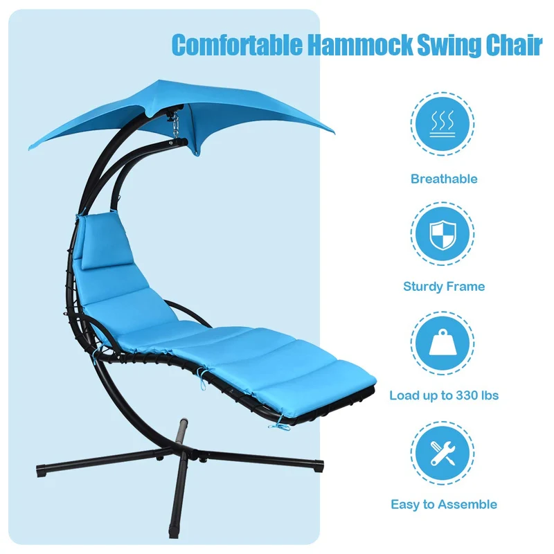 Metal Outdoor Floating Hanging Chaise Lounge Chair with Stand and Blue Cushion