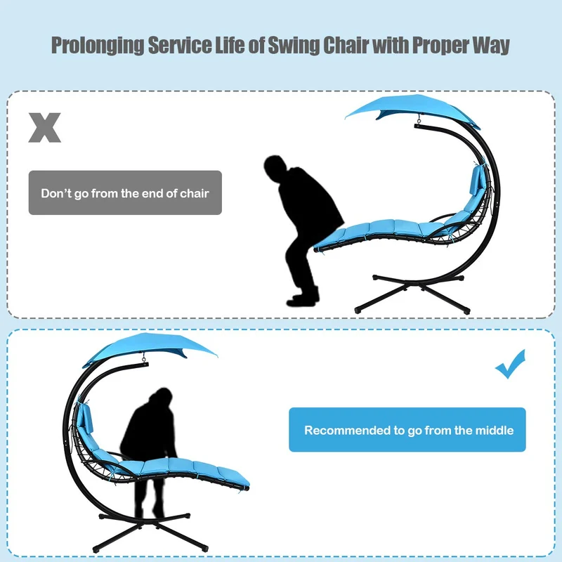 Metal Outdoor Floating Hanging Chaise Lounge Chair with Stand and Blue Cushion