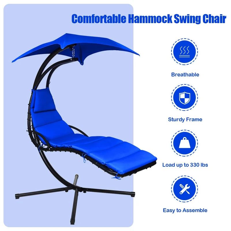 Metal Outdoor Floating Hanging Chaise Lounge Chair with Stand and Navy Blue Cushion