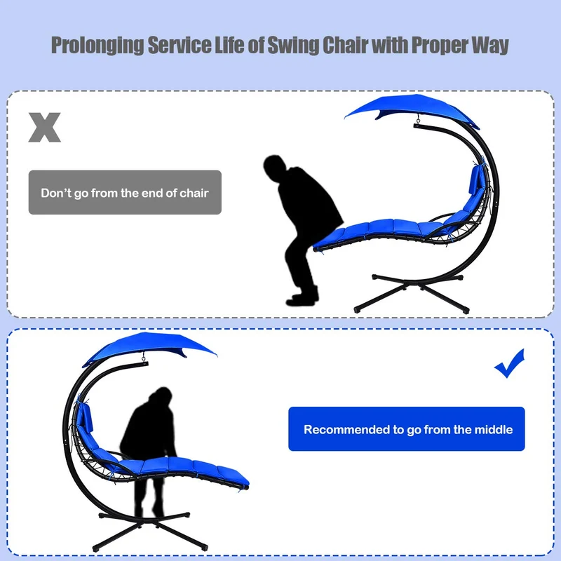 Metal Outdoor Floating Hanging Chaise Lounge Chair with Stand and Navy Blue Cushion