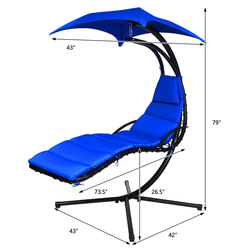 Metal Outdoor Floating Hanging Chaise Lounge Chair with Stand and Navy Blue Cushion