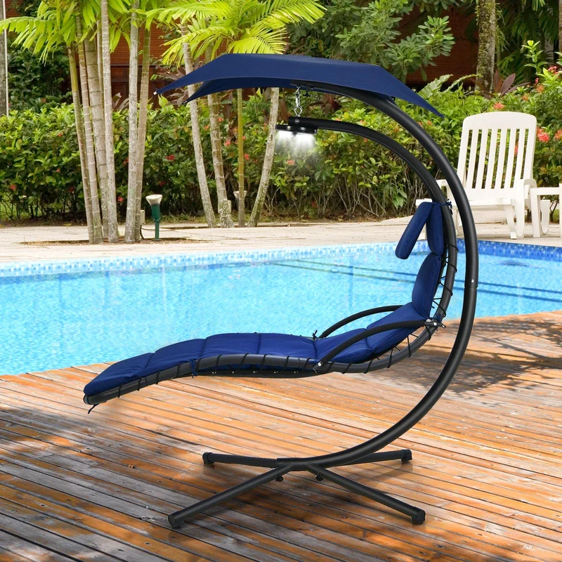 Blue Steel Outdoor Floating Chaise Lounge Chair with Removable Canopy and Overhead Light