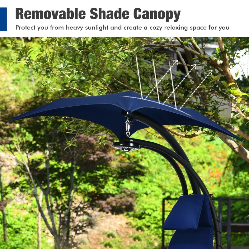 Blue Steel Outdoor Floating Chaise Lounge Chair with Removable Canopy and Overhead Light