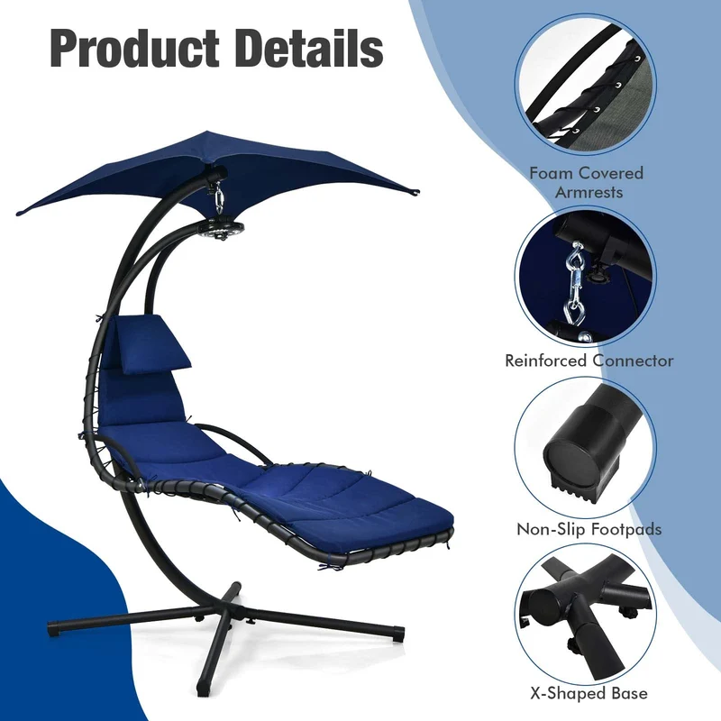 Blue Steel Outdoor Floating Chaise Lounge Chair with Removable Canopy and Overhead Light