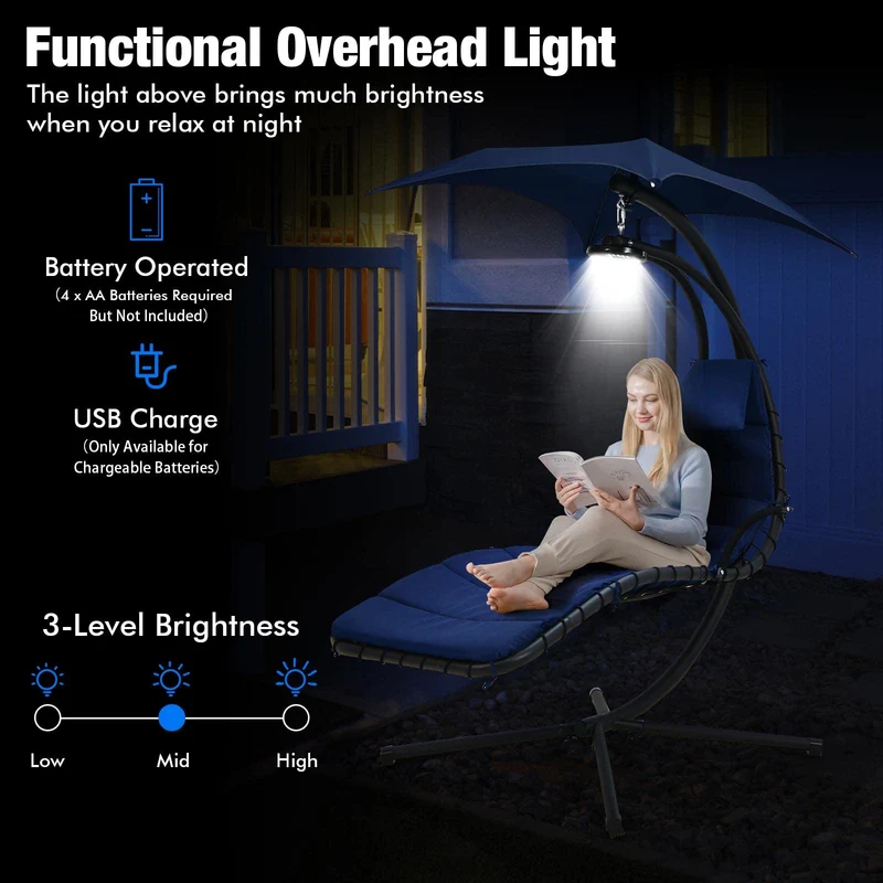 Blue Steel Outdoor Floating Chaise Lounge Chair with Removable Canopy and Overhead Light
