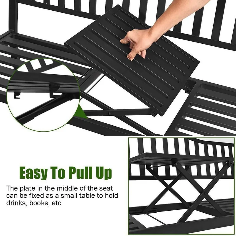 59.5 in. Black Metal Outdoor Bench with Adjustable Center Table