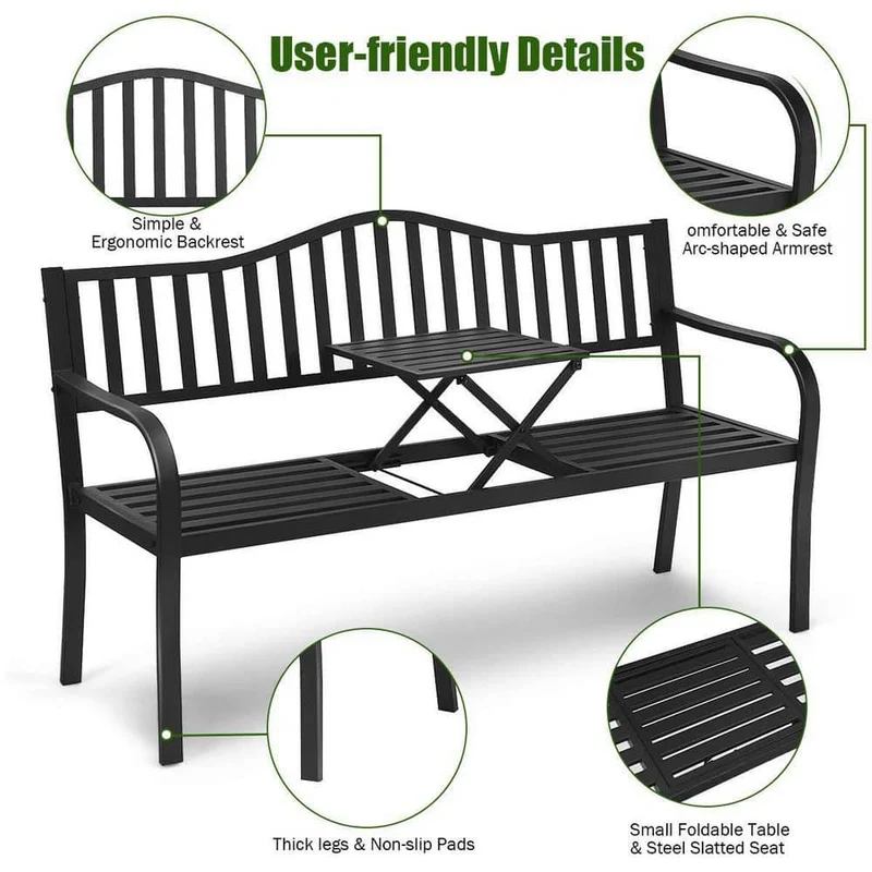 59.5 in. Black Metal Outdoor Bench with Adjustable Center Table