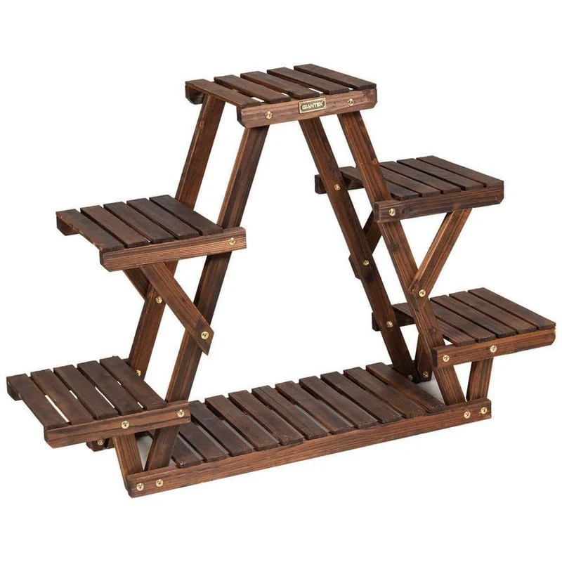 6-Tier Carbon Baking Wood Outdoor Plant Stand Plant Display Rack Multifunctional Storage Shelf