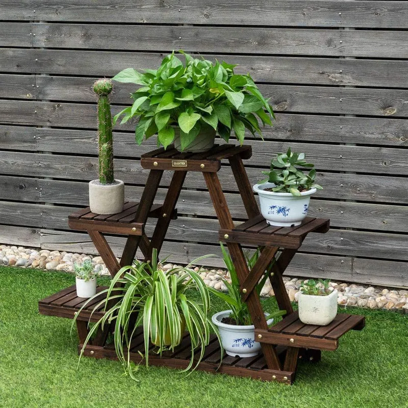 6-Tier Carbon Baking Wood Outdoor Plant Stand Plant Display Rack Multifunctional Storage Shelf