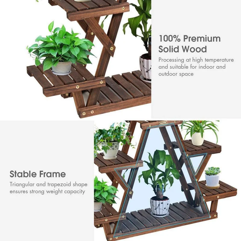 6-Tier Carbon Baking Wood Outdoor Plant Stand Plant Display Rack Multifunctional Storage Shelf
