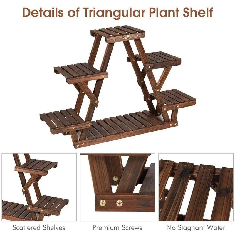 6-Tier Carbon Baking Wood Outdoor Plant Stand Plant Display Rack Multifunctional Storage Shelf