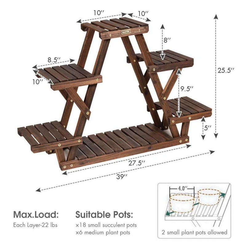 6-Tier Carbon Baking Wood Outdoor Plant Stand Plant Display Rack Multifunctional Storage Shelf