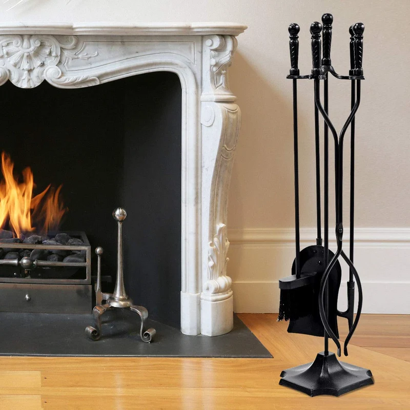Black Metal 5-Piece Fireplace Tool Set