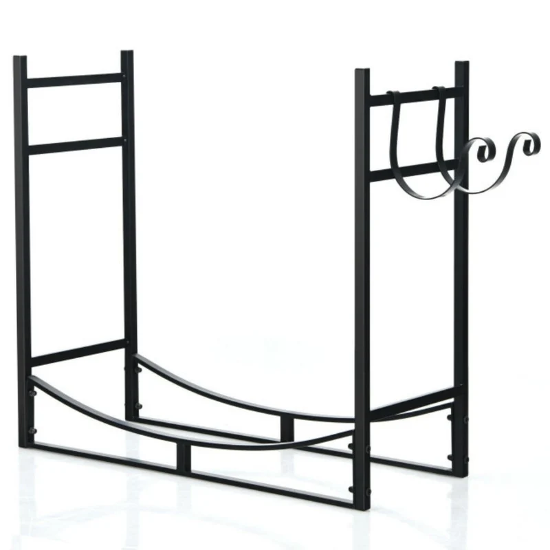 33 in. Black Steel Outdoor Log Hoop Firewood Rack with Removable Kindling Holder