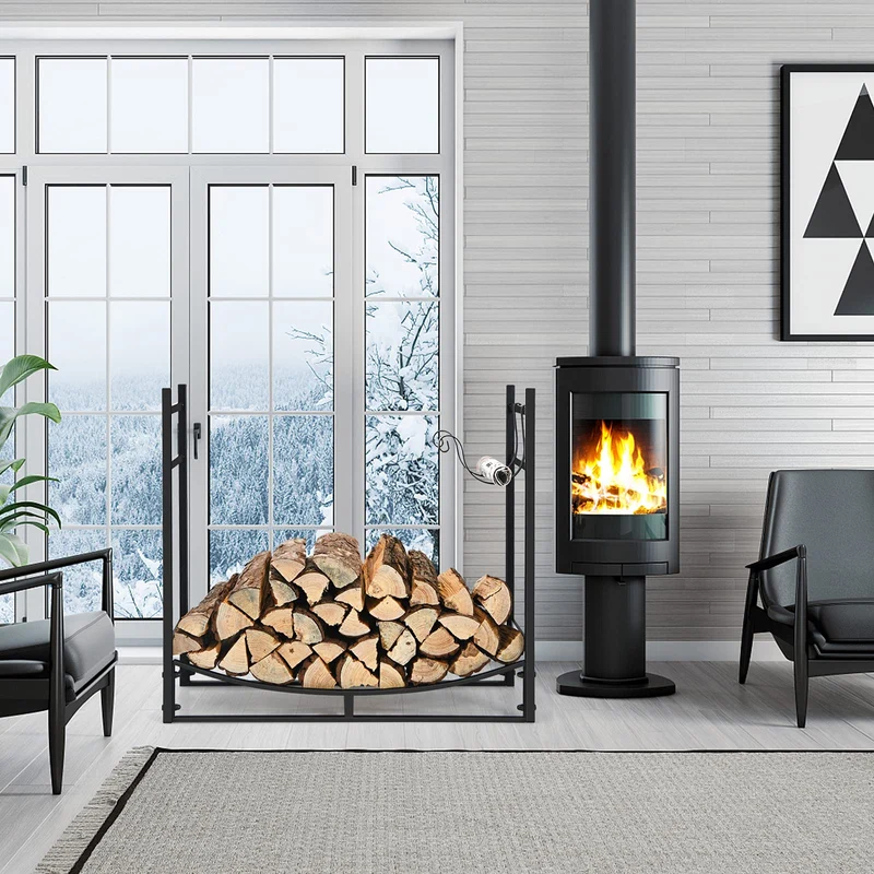 33 in. Black Steel Outdoor Log Hoop Firewood Rack with Removable Kindling Holder