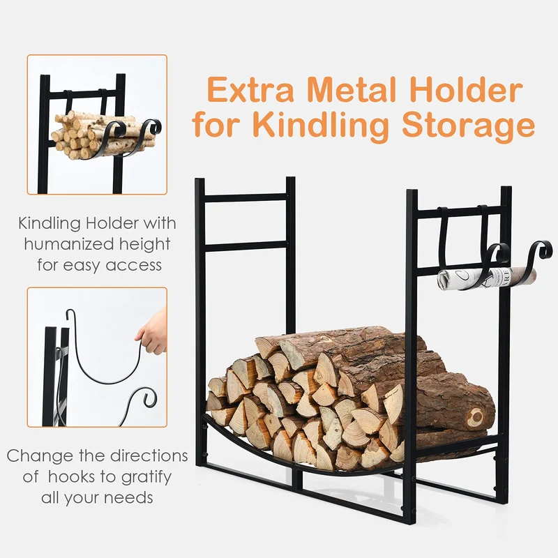 33 in. Black Steel Outdoor Log Hoop Firewood Rack with Removable Kindling Holder