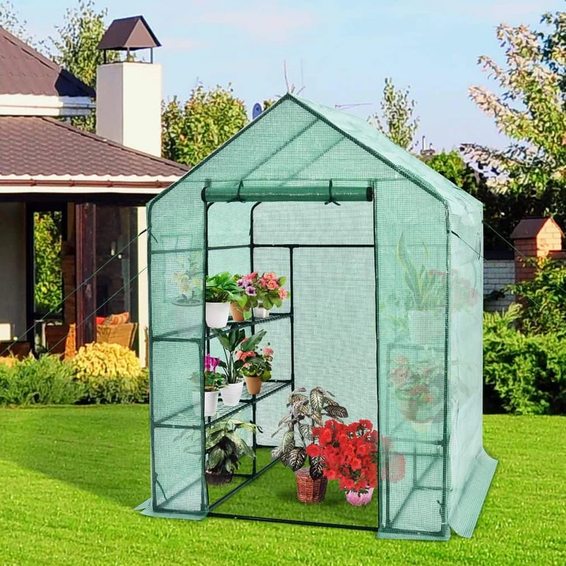 56 in. W x 56 in. D x 77 in. H Green Portable Gardening Plant Walk-in 2-Tiers 8 Shelves Greenhouse