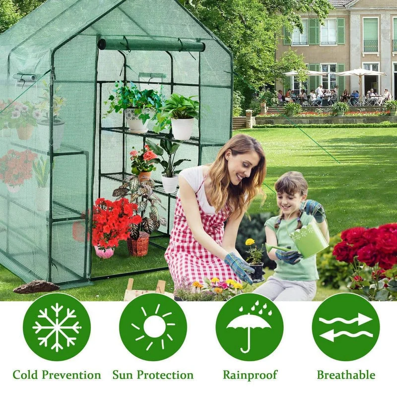 56 in. W x 56 in. D x 77 in. H Green Portable Gardening Plant Walk-in 2-Tiers 8 Shelves Greenhouse