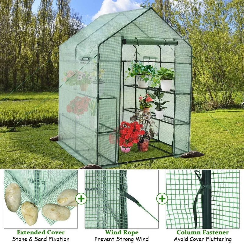56 in. W x 56 in. D x 77 in. H Green Portable Gardening Plant Walk-in 2-Tiers 8 Shelves Greenhouse