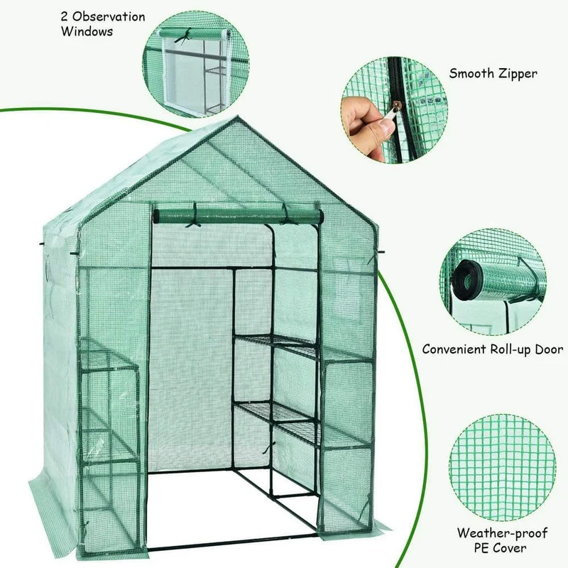 56 in. W x 56 in. D x 77 in. H Green Portable Gardening Plant Walk-in 2-Tiers 8 Shelves Greenhouse