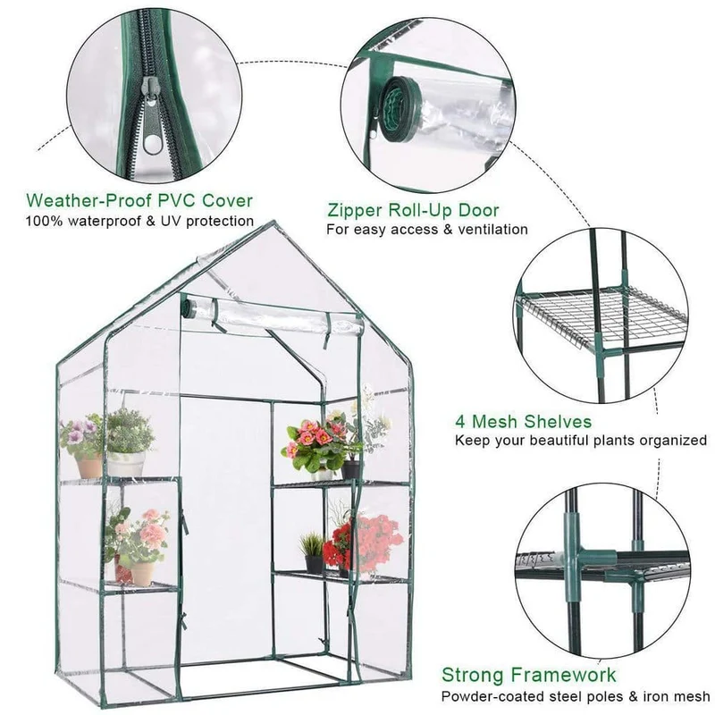 56 in. W x 29 in. D x 77 in. H Green Portable Gardening Plant Walk-In 4 Shelves Greenhouse