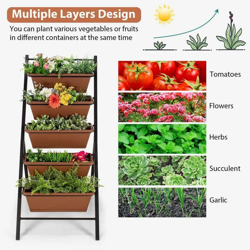 22.5 in. L x 29 in. W x 48.5 in. H 5-Tier Brown Plastic Vertical Planter Box Elevated Raised Bed