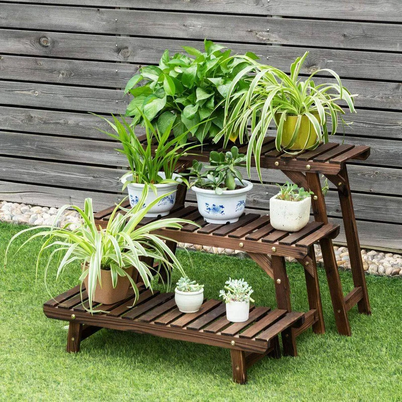 30 in. W x10 in. D x 21 in. H? 3-Tier Brown Step Wooden Plant Stand