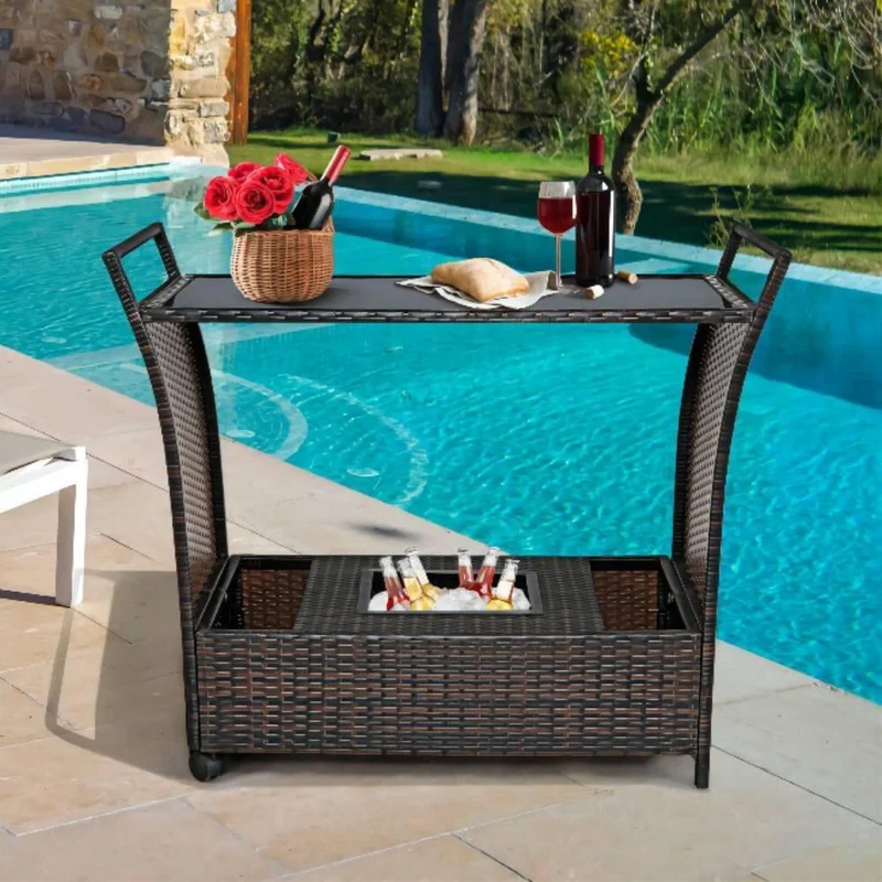 Brown Wicker Outdoor Rolling Bar Serving Cart with Ice Bucket, Glass Countertop, Storage