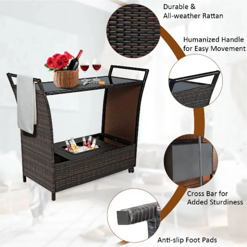 Brown Wicker Outdoor Rolling Bar Serving Cart with Ice Bucket, Glass Countertop, Storage