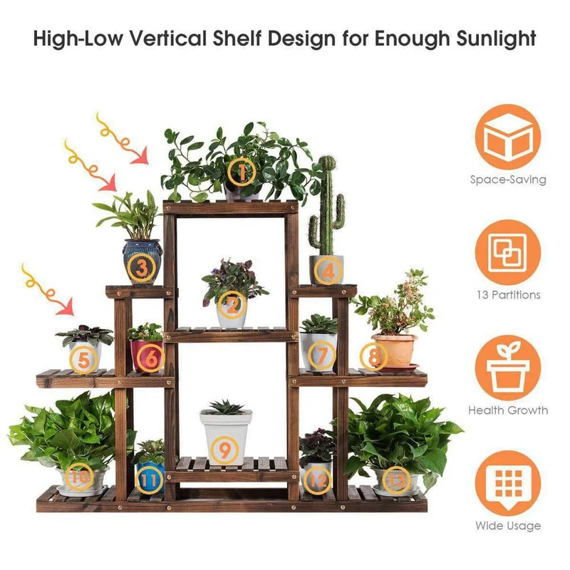 6-Tier Wood Outdoor Plant Stand Plant Display Rack Multifunctional Storage Shelf