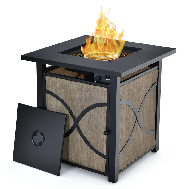 25 in. W x 25 in. H Square Steel Propane Fire Pit Table with Lid and Fire Glass