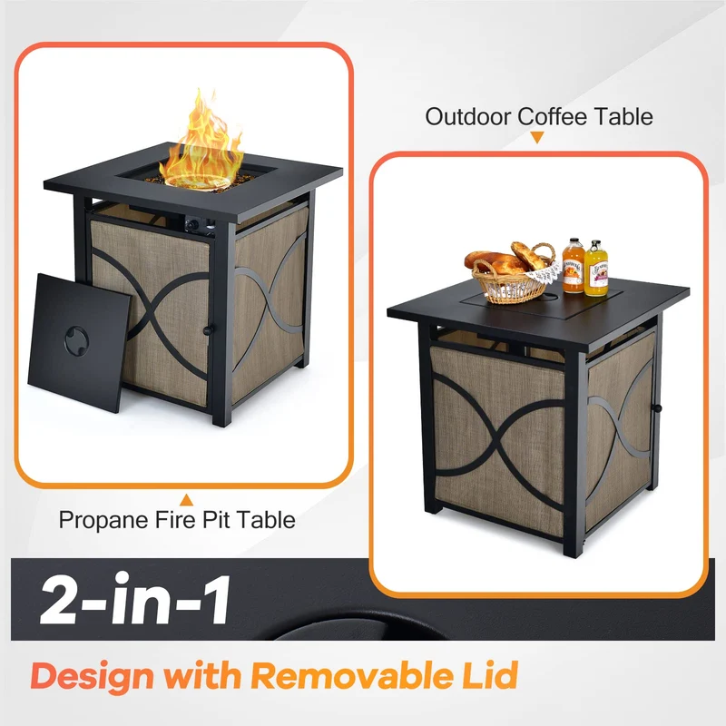 25 in. W x 25 in. H Square Steel Propane Fire Pit Table with Lid and Fire Glass