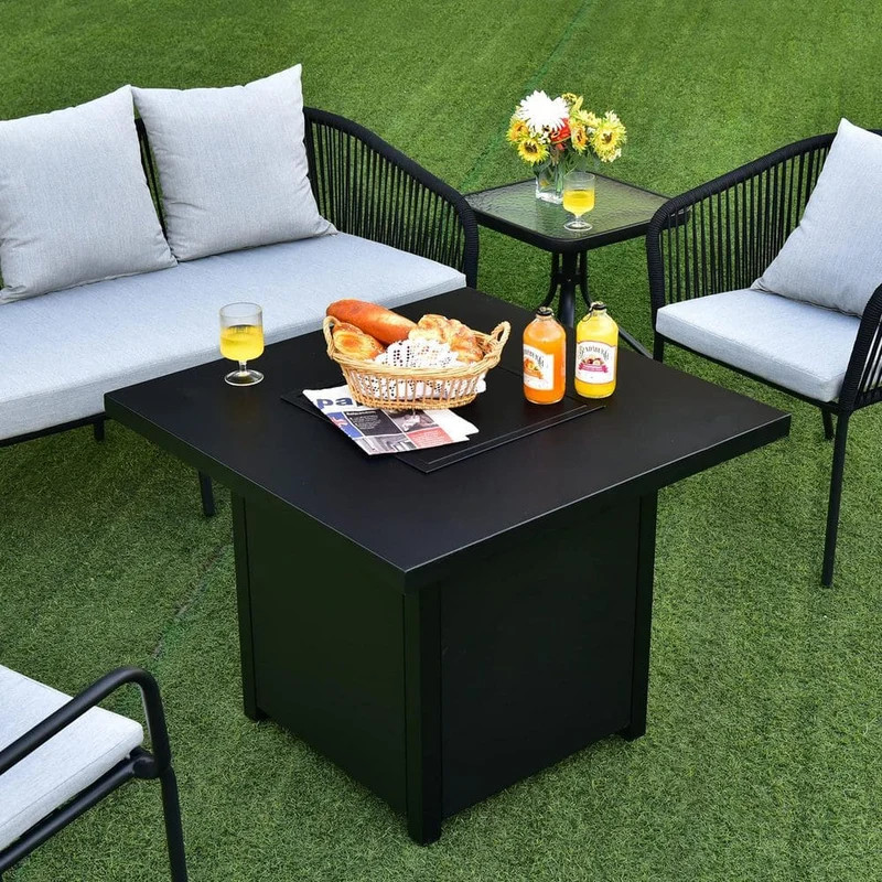 32 in. Steel Propane Fire Pit Table with Lid and Fire Glass