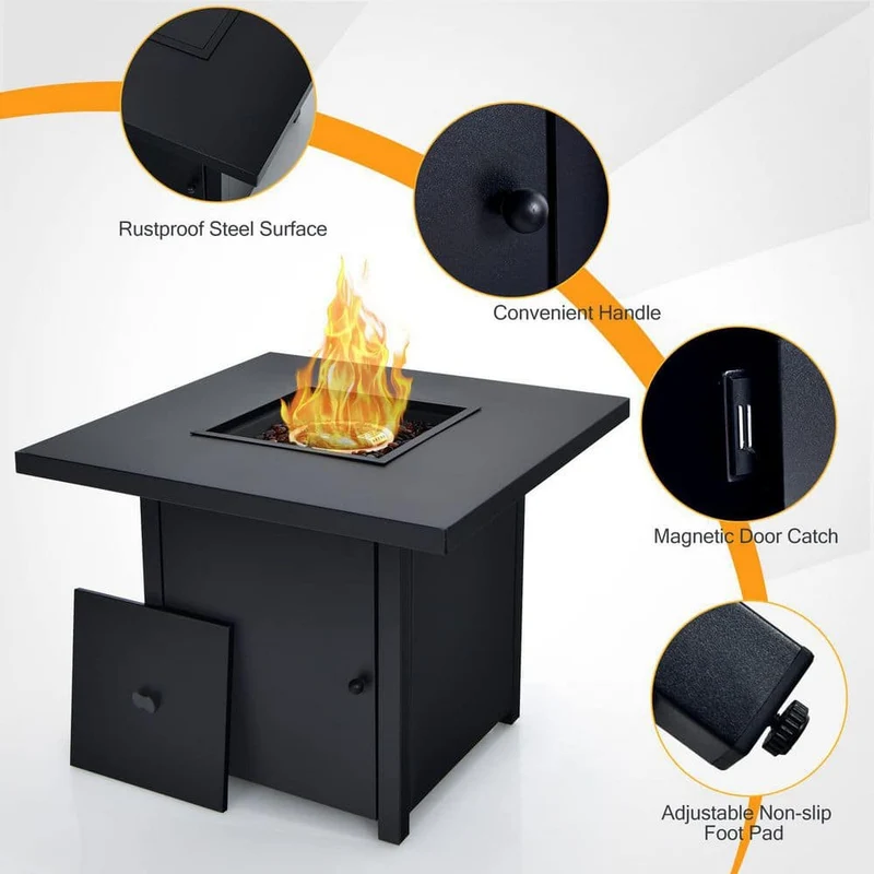 32 in. Steel Propane Fire Pit Table with Lid and Fire Glass