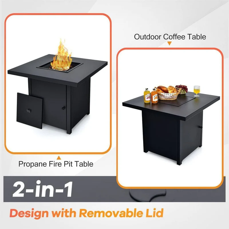 32 in. Steel Propane Fire Pit Table with Lid and Fire Glass