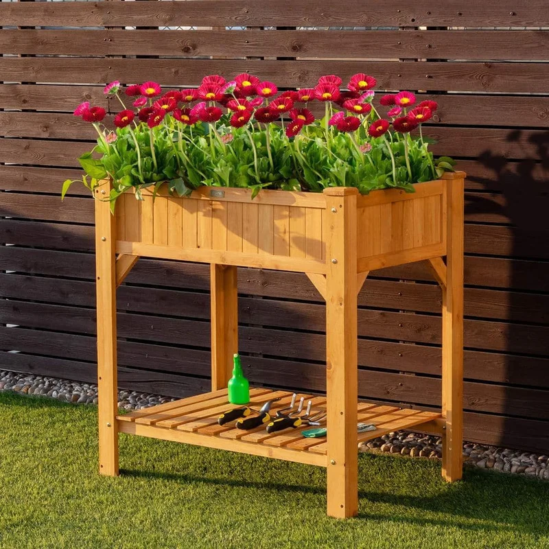 35.5 in. x 24 in. x 36 in. Wood Raised Garden Bed with Liner and Shelf