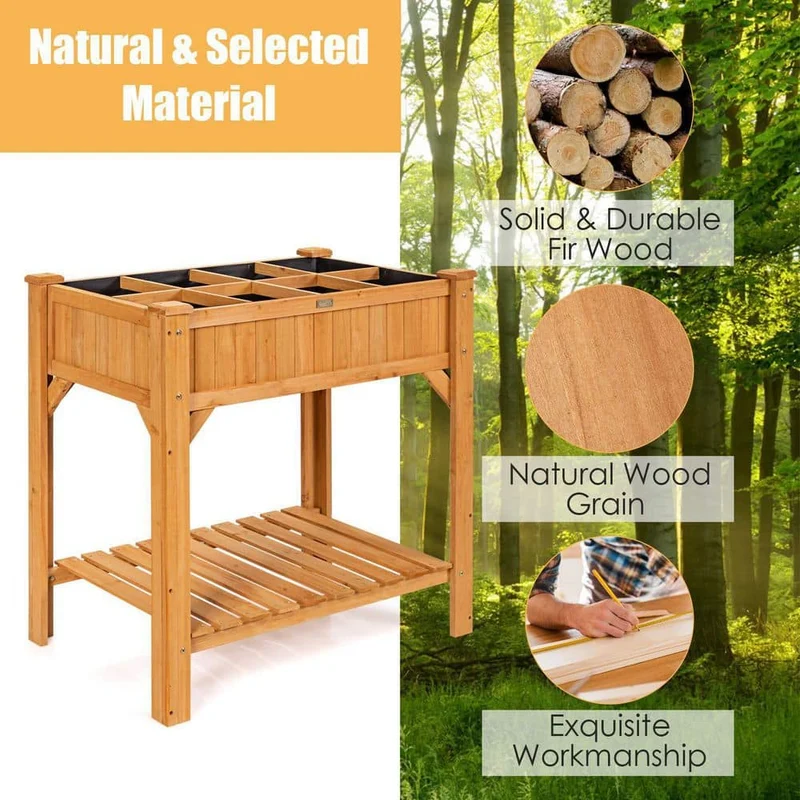 35.5 in. x 24 in. x 36 in. Wood Raised Garden Bed with Liner and Shelf
