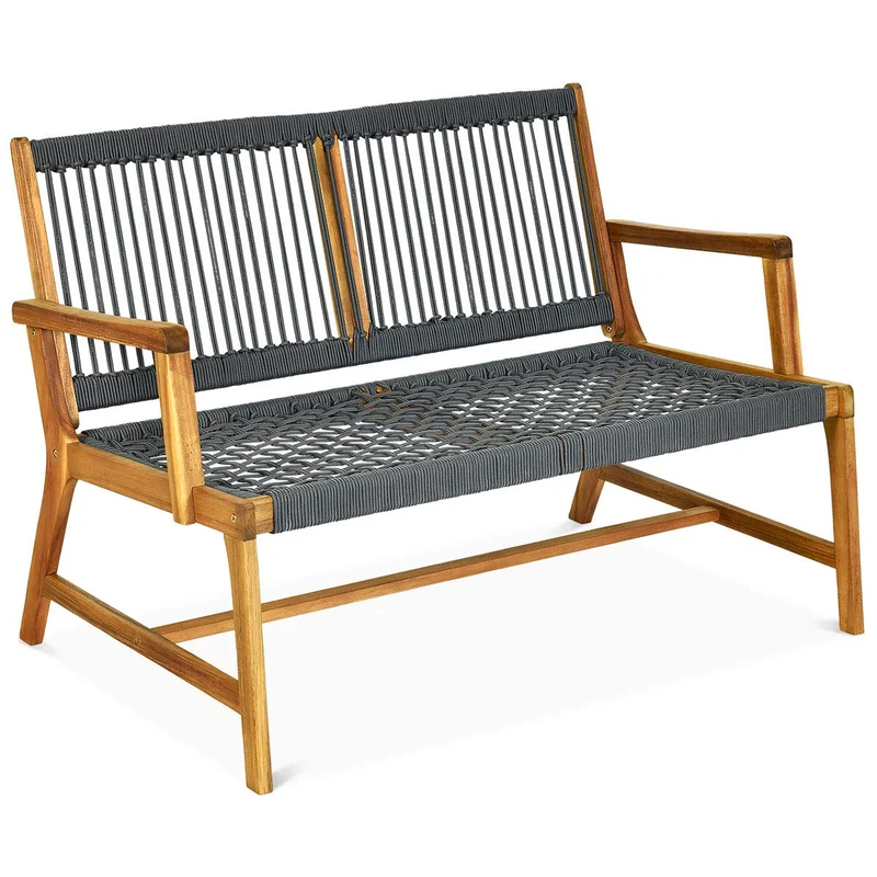 2-Person Gray Acacia Wood Outdoor Bench for Balcony and Patio