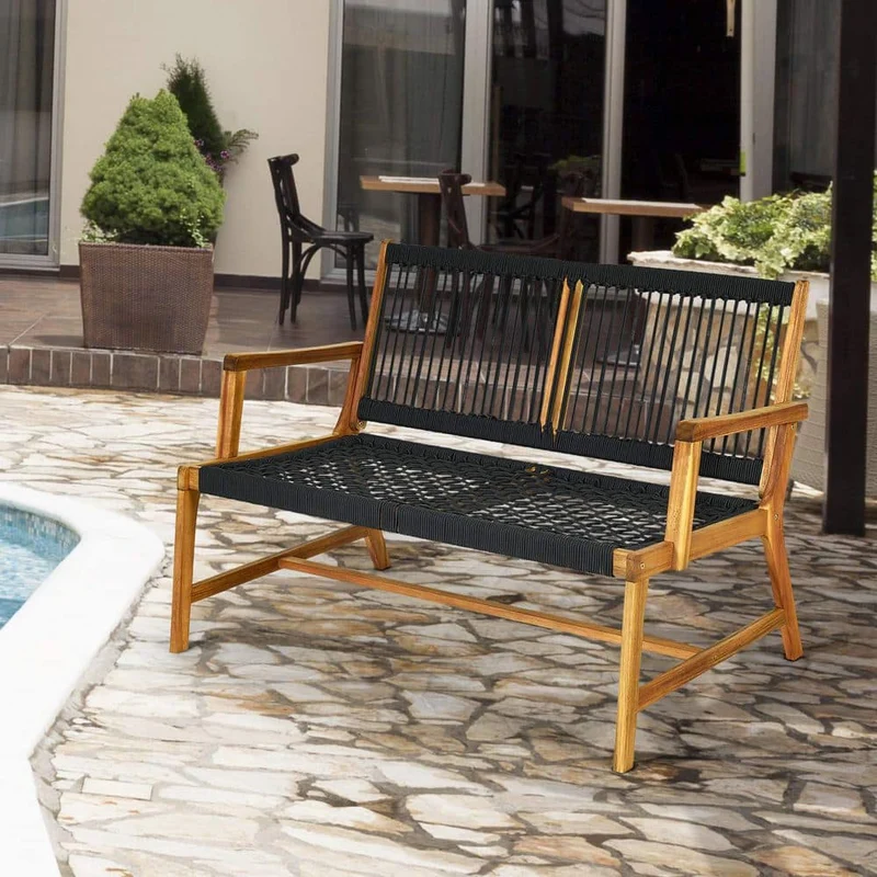 2-Person Black Acacia Wood Outdoor Bench for Balcony and Patio