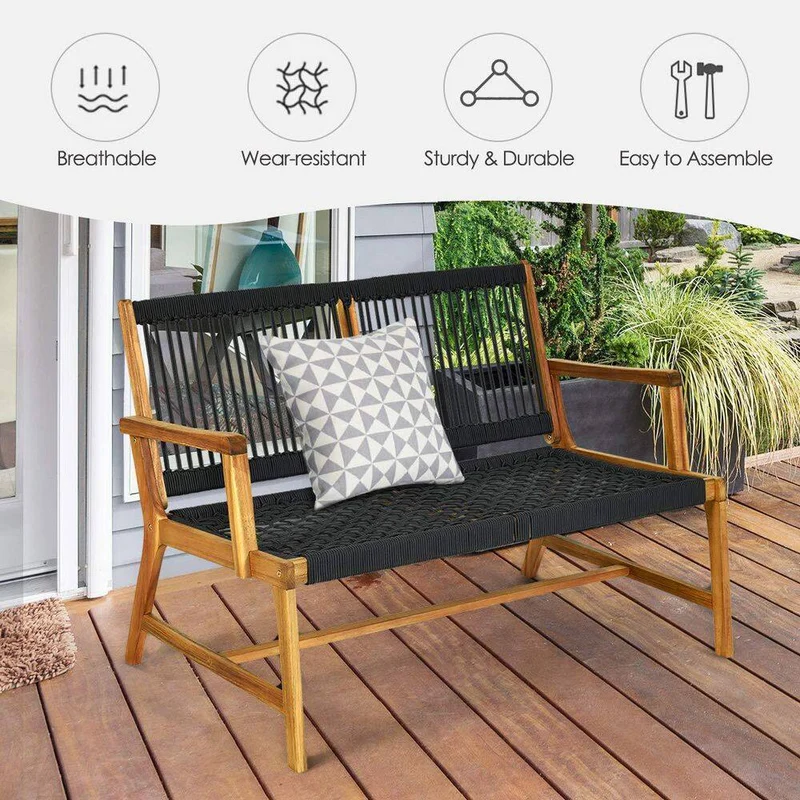 2-Person Black Acacia Wood Outdoor Bench for Balcony and Patio