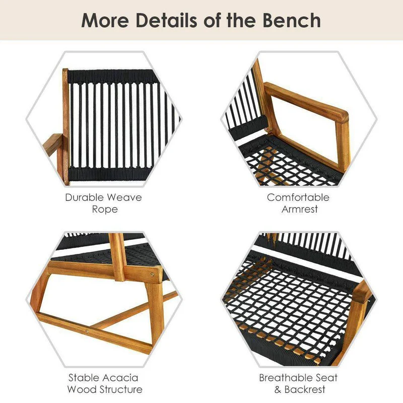 2-Person Black Acacia Wood Outdoor Bench for Balcony and Patio